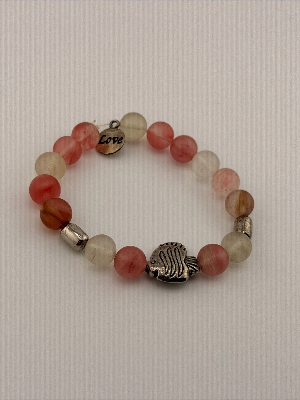 Pink and Cream Beaded Bracelet with Love Charm